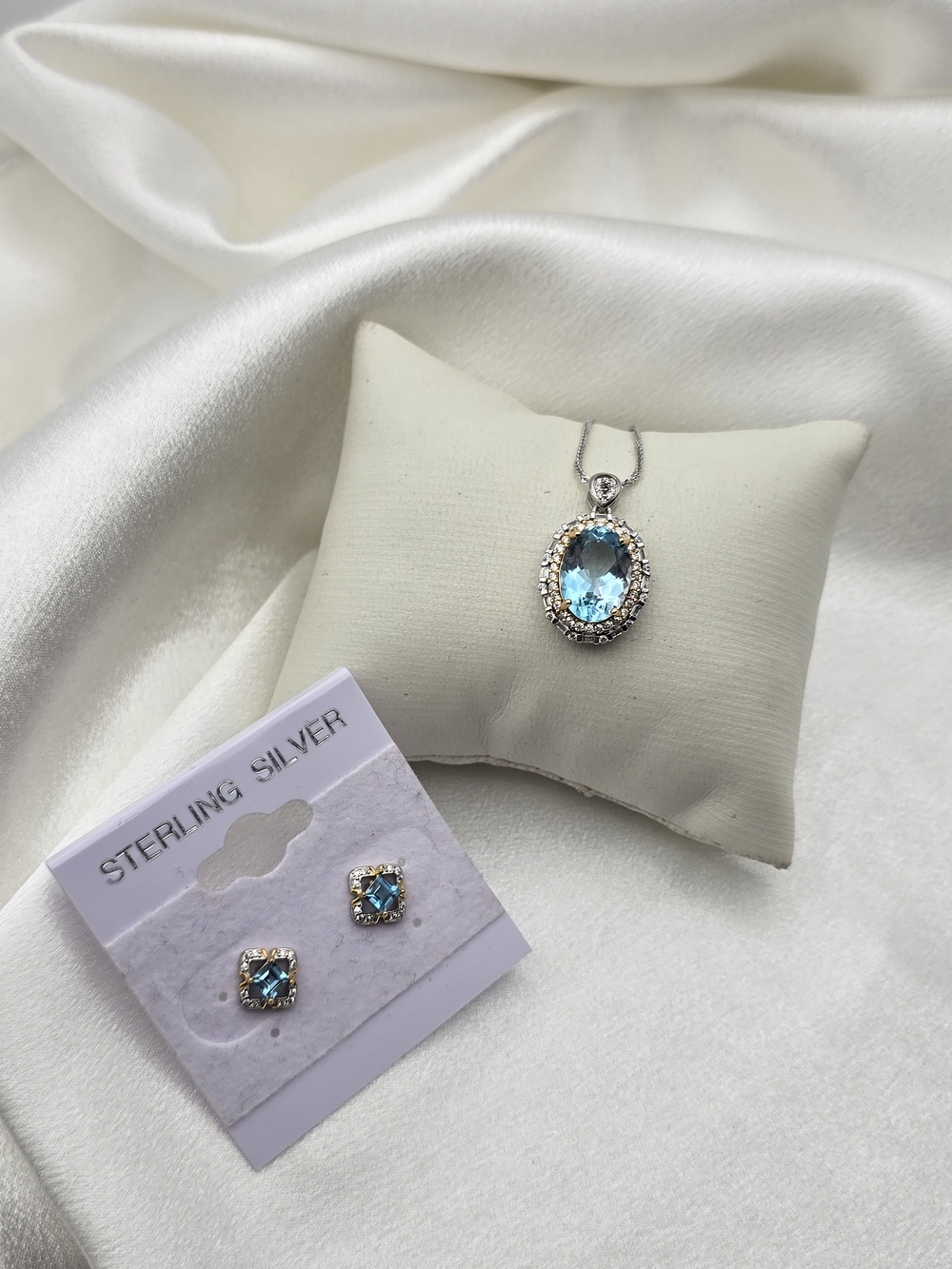Sterling Silver 925 Blue Topaz  Pendant and Stud Earrings Set